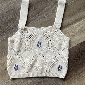 Pink Rose Cream Knit Top with Purple Details